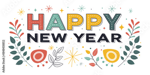 Vibrant Happy New Year celebration graphic with colorful leaves and stars