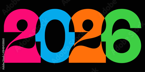 Vibrant multicolored numbers representing the year 2026 on black background