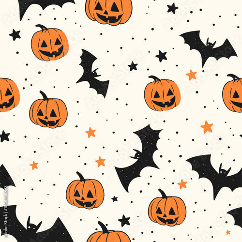 Cute Halloween Pumpkins and Bats Seamless Pattern with Stars