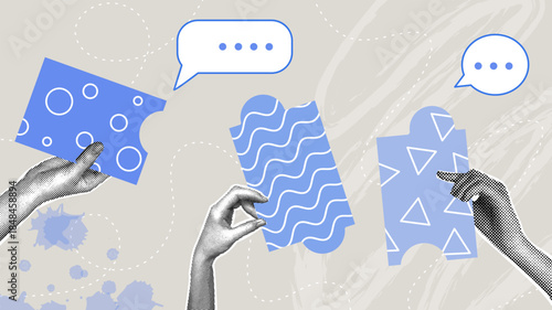 Collaborative communication: connecting ideas and solving problems together. A trendy halftone collage. Concepts of partnership, teamwork, and planning.