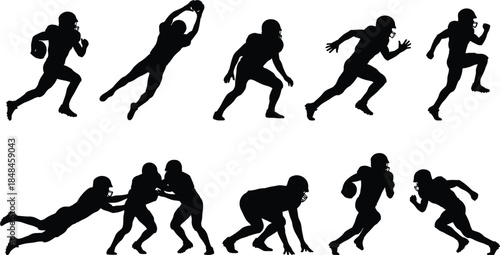 American football player silhouettes action poses athletes running tackling catching isolated black white illustration sport competition concept