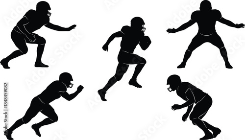 American football player silhouettes in motion, helmeted athletes in action poses, dynamic sports illustration, black shadow figures, competitive energy captured