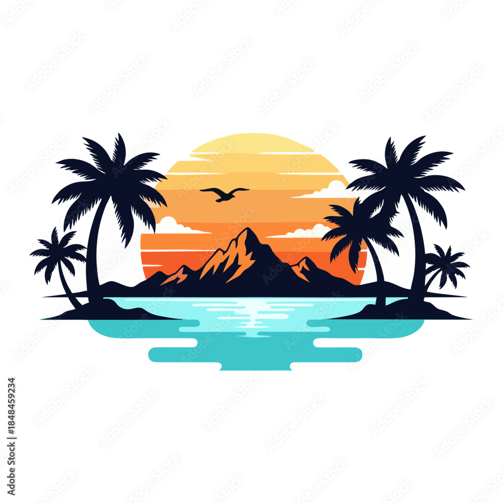 Fototapeta premium Tropical Island with Palm Trees and Mountains.