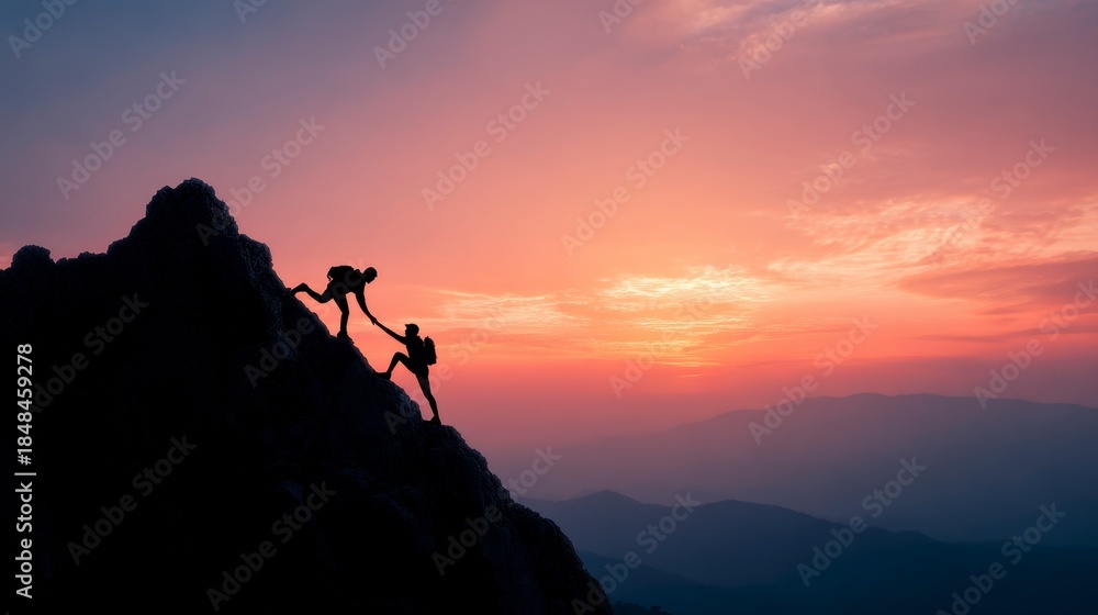 Fototapeta premium Silhouetted figures ascending a mountain at sunset, symbolizing teamwork and perseverance. Vibrant sky with rolling hills