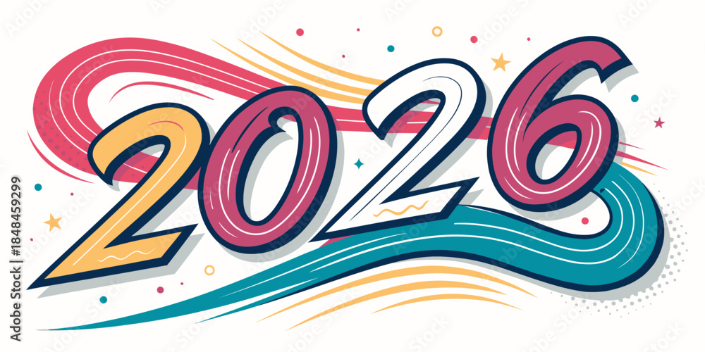 Naklejka premium Vibrant colorful illustration of the year 2026 with dynamic swirling lines and stars