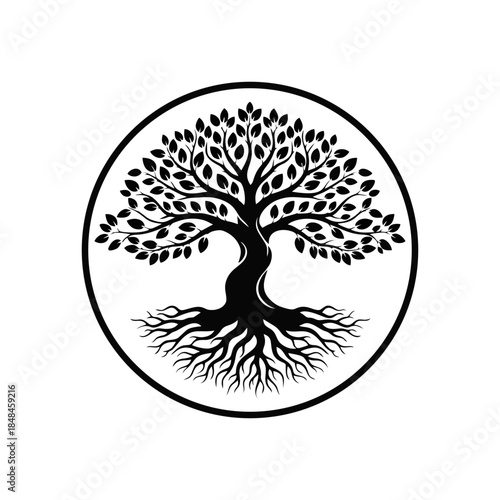 Tree with Roots and Leaves Illustration.