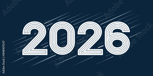 Modern 2026 text design with dynamic lines on dark blue background