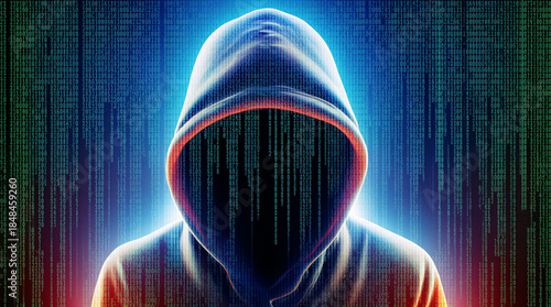 Digital threat an anonymous hooded figure emerging from a matrix of binary code