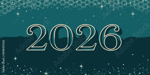 Sparkling teal background with shining stars and 2026 text