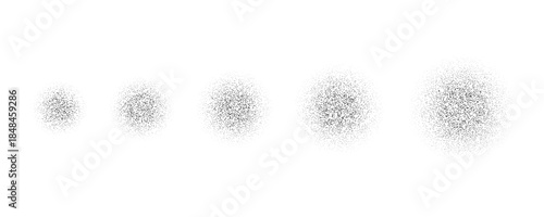 Radial grain brush stroke set. Circle stippled noise gradient collection. Dotted splatter overlay spots. Grunge sprinkle dotted spray texture. Round dust sand elements. Vector gritty splashed stains