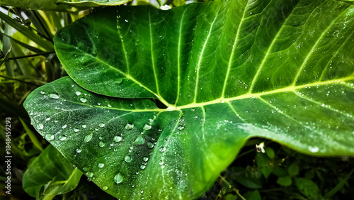 Foto Close-up of a large green leaf with water droplets on its surface, showcasing vibrant veins and textures in a lush environment