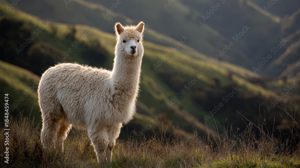 Obraz premium White alpaca grazing in a lush mountain valley under soft morning light, perfect for nature photography, wildlife editorials, and pastoral lifestyle visuals.