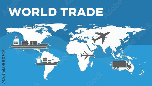 Global trade and international logistics illustration, depicting worldwide movement of goods across continents via cargo ships, air freight, and ground transportation
