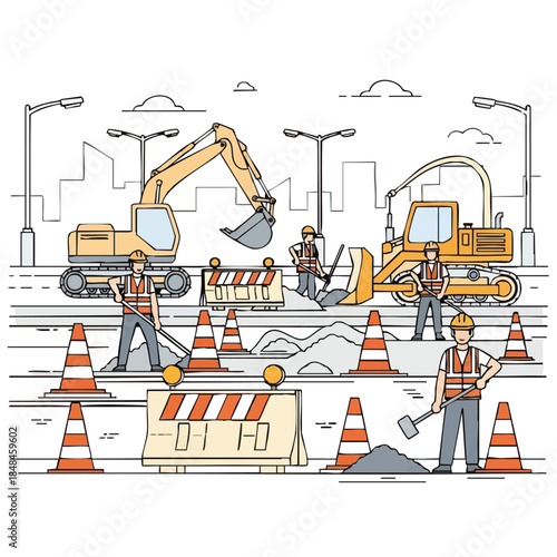 Construction site with workers and heavy machinery.