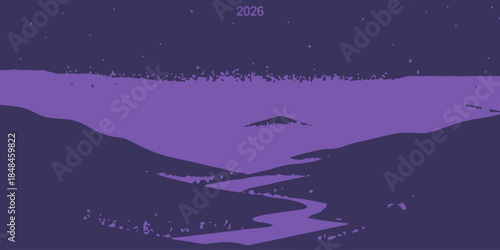 Stunning purple landscape with winding river and starry night sky