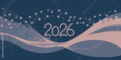 Futuristic 2026 design with wavy lines and sparkling particles