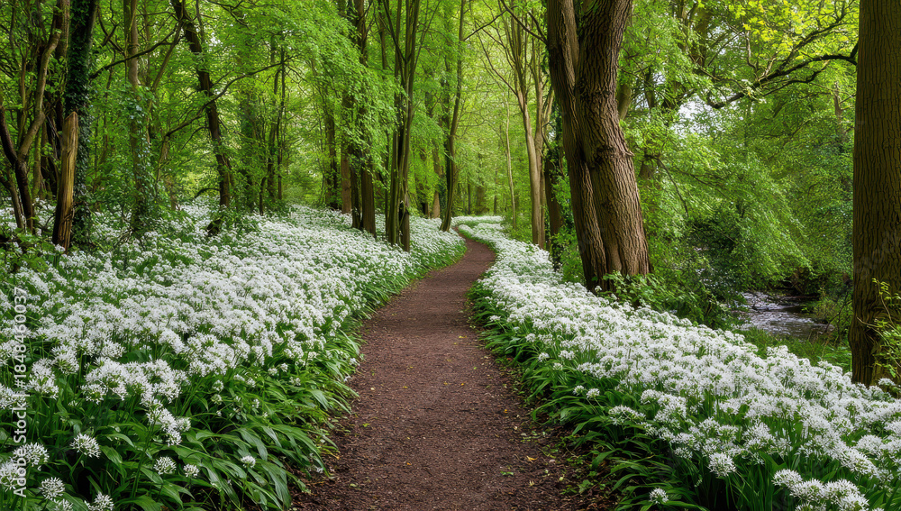 Obraz premium Serene Forest Path Lined With White Wildflowers Under Sunlight