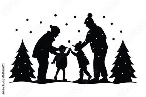 Family Building Snowman Christmas Holiday Silhouette 