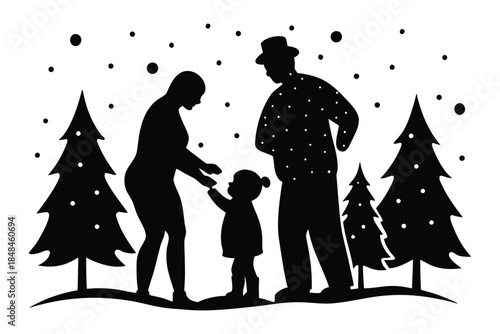 Family Building Snowman Christmas Holiday Silhouette 