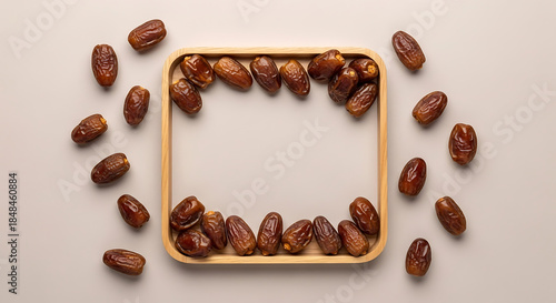A close-up, top-down shot of dried dates arranged in a square frame with a neutral background, perfect for food or Islamic holiday themes