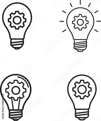 Four light bulb icons with gear inside representing ideas and innovation