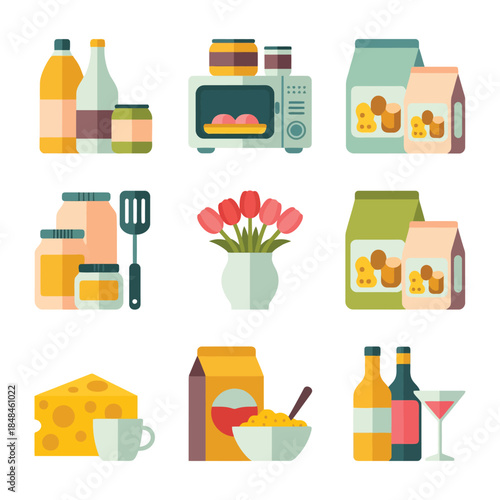Modern flat design grocery products and kitchen essentials vector illustration collection
