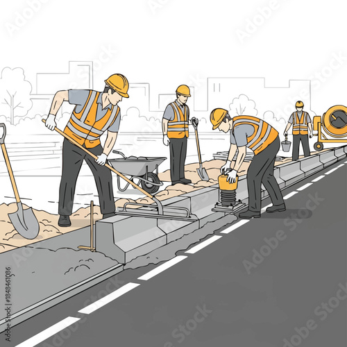 Road construction workers repairing asphalt road.
