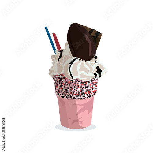 Overshake, monstershake, big milkshake with confetti and chocolate vector illustration. Isolated cold drink sketch, clip art
