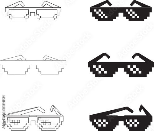 Variety of sunglasses and technical drawings in line art and silhouette style