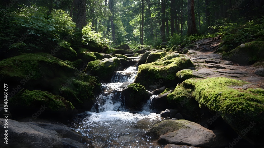 Obraz premium A serene forest stream cascades over moss covered rocks under d d sunlight with a dirt trail winding alongside in the lush wilderness