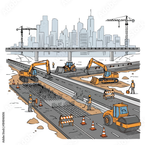 City highway construction with cranes and excavators.