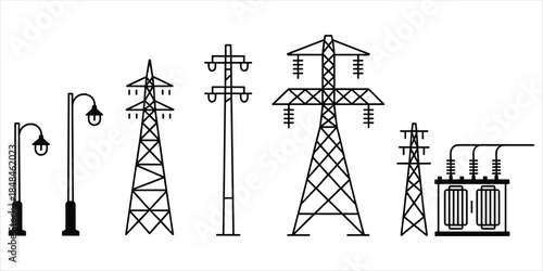 Assortment of street lamps power towers and transformer on white lamp post transmission tower