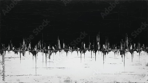 Abstract black and white cityscape painting with textured brushstrokes and dripping effects