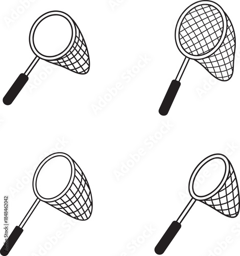 Four black and white illustrations of butterfly nets with handles