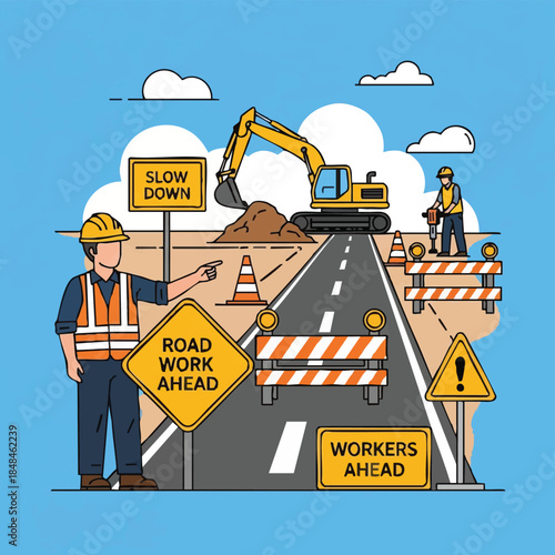 road work ahead construction site warning.