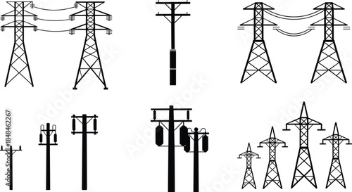 Set of Black and White Illustrations of Electrical Power Transmission Towers and Utility Poles power line