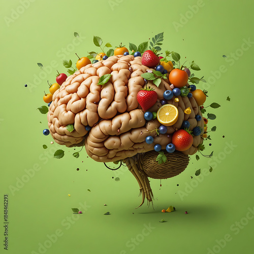 Brain with fruits, concept of healthy living and eating healthy food