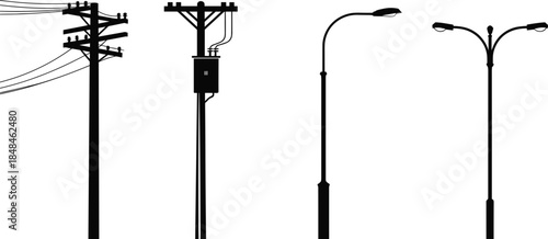 Silhouette icons of utility poles and street lights on white background Keywords: utility, pole, electricity, power, street