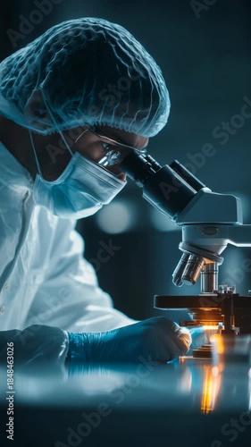 Vertical Shot. Scientist Working with Microscope in Laboratory