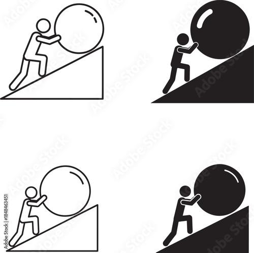 Stick figures pushing balls up hills in four different scenarios in line art and silhouette style