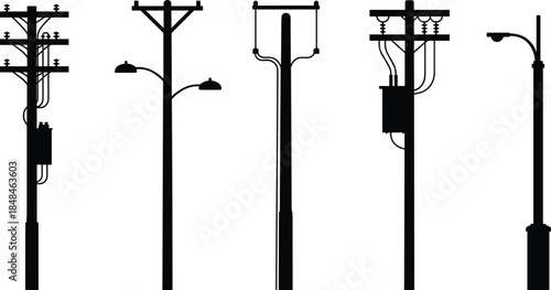 Silhouettes of Various Utility Poles with Transformers and Lights on White power pole electricity