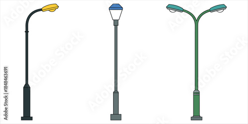 Three Different Styles of Street Lamps with Colored Details on White light lighting