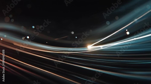 Abstract glowing light green and blue light lines on dark background with flowing motion texture seamless loop motion graphic for technology and data concept design