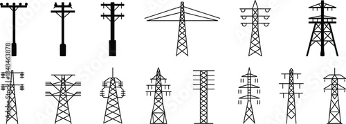Variety of electrical transmission towers and utility poles in line art and silhouette styles electricity