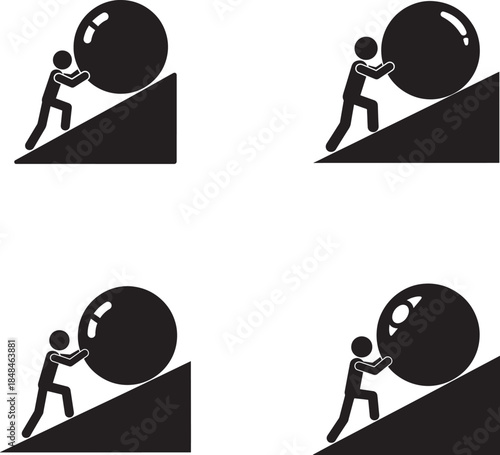 Sisyphus pushing a boulder up a hill in four stages