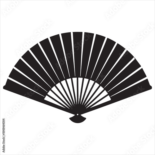 Black silhouette of a minimalist hand-held fan in an open position 