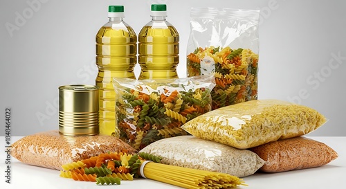 Assorted Dry Goods Including Pasta Oil Lentils and Rice on White Background fusilli spaghetti