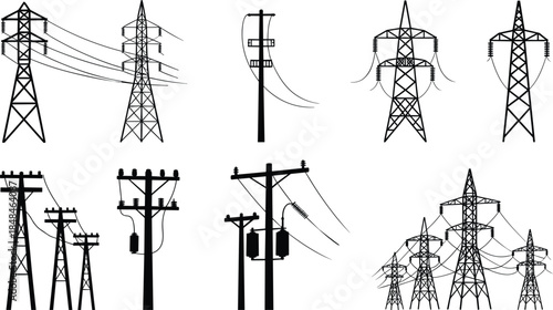 Various electricity transmission towers and power poles with wires and insulators Keywords: electricity, power, energy