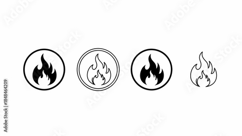 A collection of four stylized flame icons, two within circles and two without, representing fire.