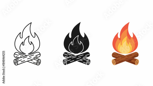 Three different styles of campfire icons: outline, silhouette, and full color, showing logs and flames.